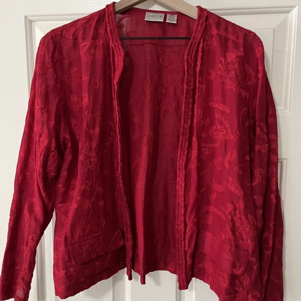Chicos size 2 embroidered silk red blazer